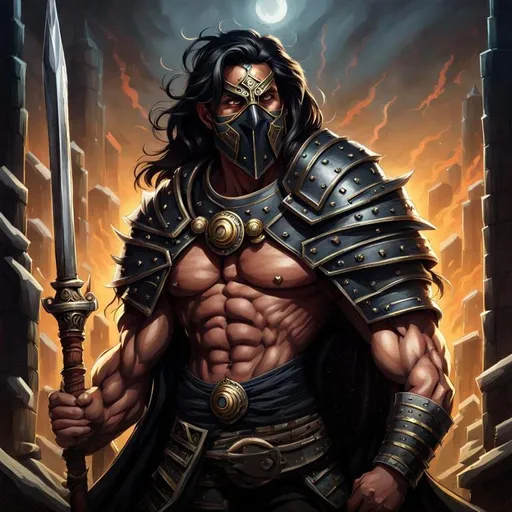 Prompt: portrait of barbarian wearing an intimidating mask covering his mouth and nose, smirking, smiling, happy, in his early 40s, mane of black hair, pallid skin, rugged, scars, wearing a black inquisitor outfit, holding a javelin, gold specks in his eyes, bottom half of his face is covered, can only see his eyes, set in a stormy castle, highly detailed, digital painting, artstation, concept art, smooth, sharp focus, illustration, art by artgerm and greg rutkowski and alphonse mucha, footage from space camera