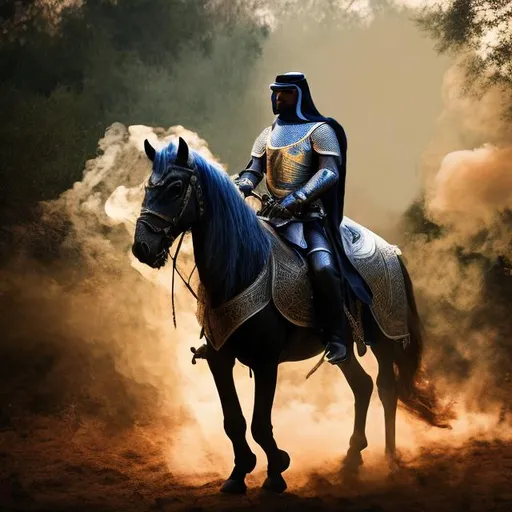 Prompt: arab knight on a horse in the middle of a forest walking away with smoke effect
