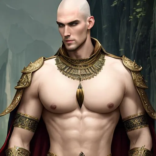Prompt: fantasy, medieval, Tall man, slender, with pale yellow skin and brown eyes, and a shaved head, With a spear on his back, UHD, 8k, high quality, ultra quality, perfect composition, trending art, trending on artstation, sharp focus, studio photo, intricate details, cinematic lighting, special effects, hyper realism, hyper realistic, oil painting, Very detailed, full body, full view of character, portrait