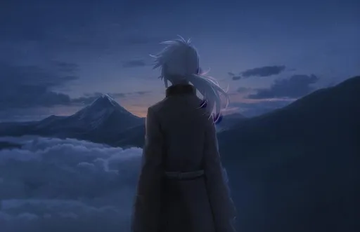 Prompt: rating:safe, sunset, cloud, sky, cloudy sky, fire, twilight, white hair, orange sky, solo, 1boy, outdoors, evening, flame, sun, male focus, gradient sky, white coat, coat, standing, sunrise, mountain, from behind, ponytail