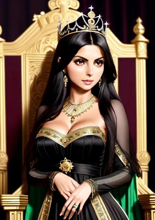 Prompt: Mix of Anna de armas and victoria justice and Morena Baccarin, green eyes, black long hair, dark skin, medieval dress,  cleavage, gold crown, throne room, calm face, standing, best quality, realistic, masterpiece, an extremely delicate and beautiful, CG, extremely detailed , highres, extremely detailed, beautiful detailed girl, realistic, beautiful detailed green eyes, light on face, cinematic lighting