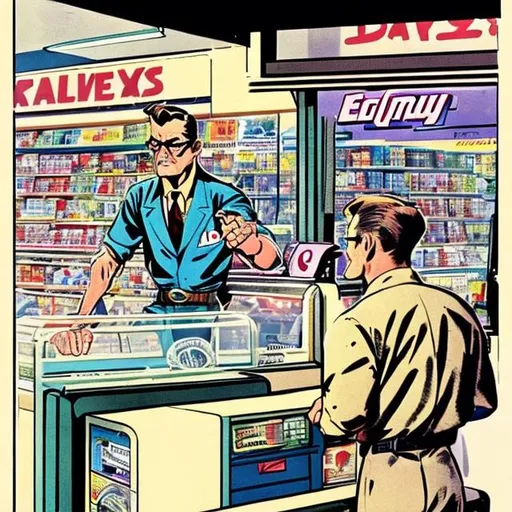 Prompt: Jack kirby comic art. Clerk at convenience store. 40 years old. unshaven. glasses. grumpy. aliens in the background. colour. refine details. coloured. 1940's clothes. gentleman. fighting crime. fix the eyes. fix the hands. 