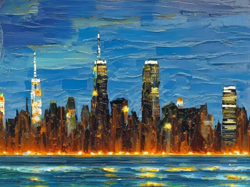 Prompt: Thick oil impasto York Skyline from 42nd Street Pier, thick oil impasto