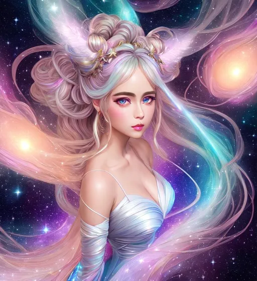 Prompt: highest quality portrait full body of galactic woman, digital painting, shibari, ribbons, style of Fragonard, highly-detailed symmetric face, cinematic, washed out palette,  super soft, soft pastel color palette, pearlescent, sparkling, stars, galaxy, white, big eyes, iridescent, big lips, long hair,, legs visible, vines, arms visible, perfect composition, hyperrealistic, super detailed, 8k, high quality, sharp focus,intricate details, highly detailed, dynamic lighting, detailed and intricate environment
