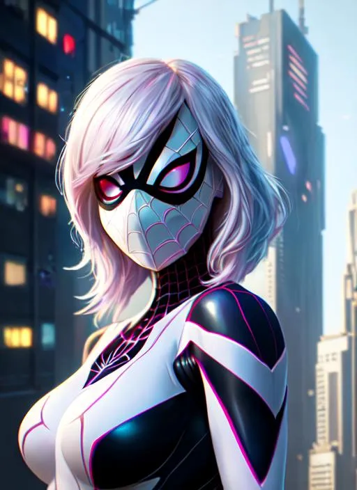 Prompt:  {spider-gwen} with cute face, {cyberpunk city}, in nano-fiber armor, perfect composition,mask on, hyperrealistic, super detailed, 8k, high quality, trending art, trending on artstation, sharp focus, studio photo, intricate details, highly detailed, by greg rutkowski