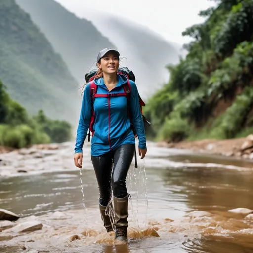 Prompt: photo of young woman, soaking wet clothes, hiking boots, leggings, tshirt cap backpack,  , walking out of river,   enjoying, water dripping from clothes, clothes stuck to body,  detailed textures of the wet fabric, wet face, wet plastered hair,  wet, drenched, professional, high-quality details, full body view.