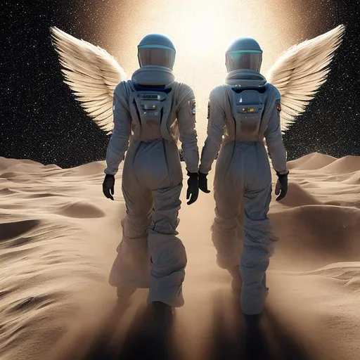 Prompt: A couple of dust angels, walking towards the light of space