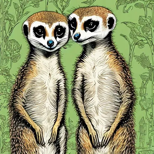 Prompt: Meerkat Mama and baby, very detailed, by Gary Panter, colored illustration