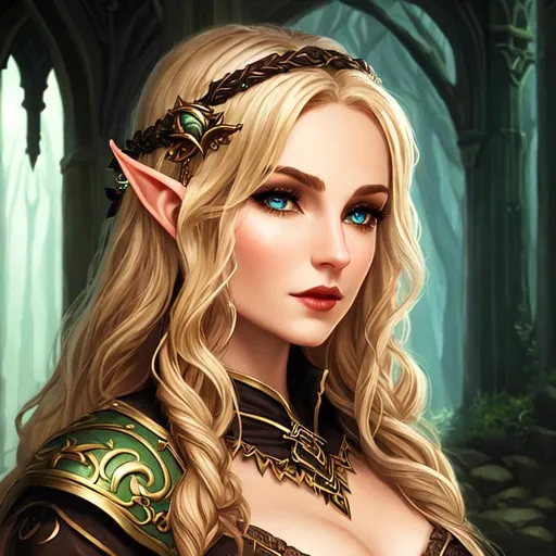 Prompt: Romanticism. druid elf woman. hazel eyes. Sandy blond hair. Light-skinned. Rosy cheeks. Gothic. Fantasy. High fantasy. cinematic lighting. Character design.