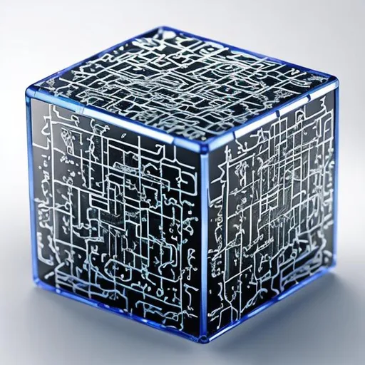 Prompt: Imagine a small, metallic cube with intricate circuitry etched on its surface. It glows with a pulsating blue light, and its sides are adorned with tiny conductive nodes. The cube is encased in a transparent shell, revealing the mesmerizing dance of electric flux within." then simplify to a orthographic view ,sepia color set., and put the image on a yellowed parchment background.