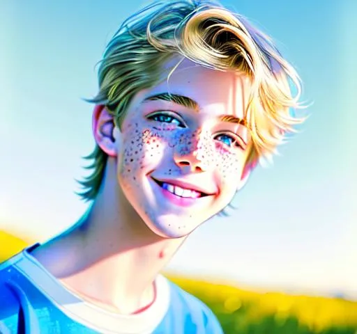 Prompt: Hyperrealistic Hyperrealism front view of face (headshot) (straight forward view) facing camera Beautiful young teen boy, (kid cole sprouse)+++ blond boy, straight hair, happy eyes, innocent, boy model, 16 years old, pretty, cute, freckles, cinematic lighting, blue sky, bright colors, blue, green, yellow, white,  luminous, hyperdetailed, great composition, professional, artstation award