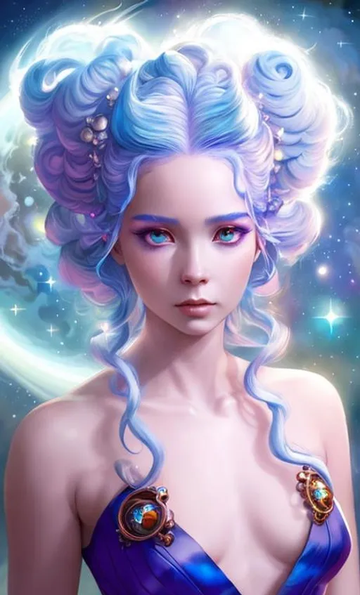 Prompt: beautiful cool girl with cosmic hairstyle. Her Hair is made of white puff glowing clouds in a updo held by glowing shooting stars, planets and the moon. dramatic lighting coming from the planets, aesthetic, inspiring, creative, hyperdetailed, rim lighting, art by artgerm , Peter mohrbacher, Greg rutkowaski, Tom Bagshaw, WLOP, digital art, smooth, aesthetic, glow, shimmer