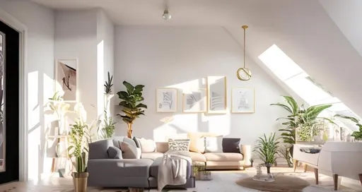 Prompt: INterior design. living room. golden hour. Beautiful dormer. some plants. Calm space.
Photorealistic.