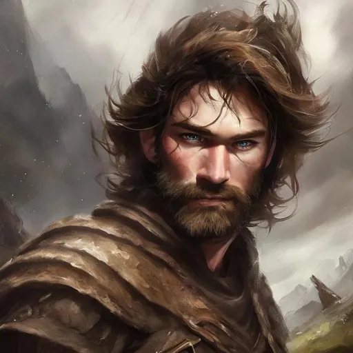 Prompt: A handsome rugged fantasy ranger man wearing a dark cape is looking into the distance.  epic painting