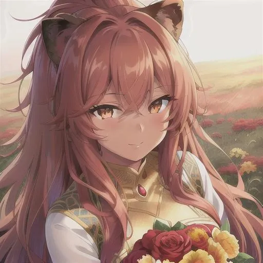 Prompt: Best quality, beautiful girl, lion’s mane, intense hair, detailed eyes, detailed skin, detailed clothing, soft lighting, intricate colouring, crisp, dramatic poses, light dark skin, deep red hair with yellow tint, soft glowing eyes, laying on a field of different flowers, smiling, happy, beautiful 