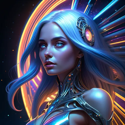 Prompt: Radiant Shinning silver hour-glass shaped female, full body detailed, Long flowing gleaming blue hair, shinning blue eyes, alien being, exiting her space ship, female figure in a vibrant realm, twilight ambiance, intense and surreal colors, intricate and detailed design, emotional depth through symbolic elements, digital artwork, glowing light sources, soft warm lighting, conveying hope and presence, highly detailed, HD, neon lighting, professional, glowing light sources, hyperrealistic