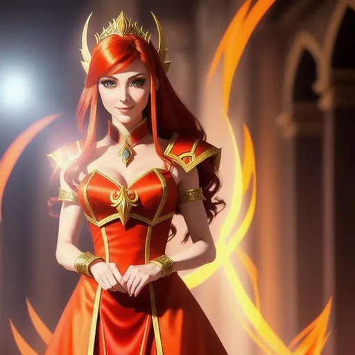 Prompt: Blood Elf from World of Warcraft, she looks like Audrey Hepburn, her hair is long and styled, she is wearing a gold orange red dungeons and dragons dress, excited, she has multicolored hair consisting of the colors of a sunrise, joyful smile, she is making eye contact, she has a teasing expression on her face, full body, ethereal, detailed real face, detailed real skin textures, highly detailed, real, alive, 4K, 8K quality, Big Eyes, 