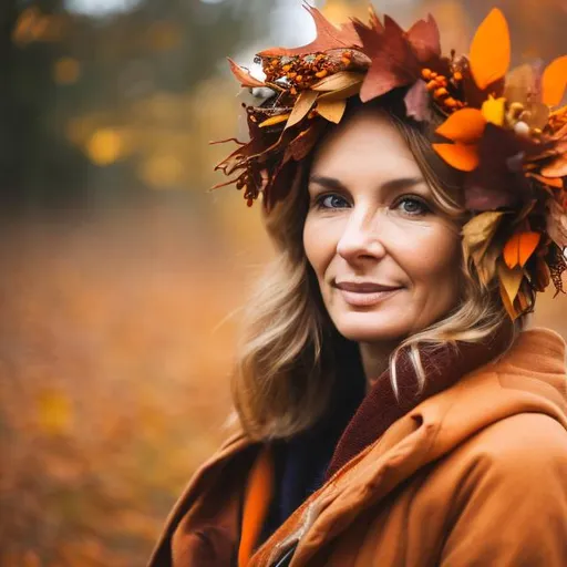 Prompt: caucasian woman in her 40s wearing a wreath from fallen leaves and orange and brown colours in an autumnal background close up bokeh