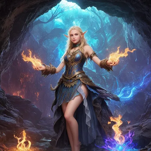 Prompt: Create Splashart, a fantasy style ultra Intricate, ultra realistic dark fantasy ancient windy cavernous cave, with a majestic waterfall flowing into a pool of clear blue water,

focused on a full body, hyper cute young feminine faced, perfect young slender, flowing blonde haired Elven human sorceress, (((casting magic flame from her finger tip))), light from the magic flame of her finger tip illuminating the cave,

wearing a thick iron slave collar, multi color silk robe, deep red eyes glowing in the background,

Professional Photo Realistic Image, RAW, artstation, perfect lighting, perfect shadows, contour, hyper detailed, intricately detailed, unreal engine, fantastical, intricate detail, fantasy concept art, 8k resolution, deviantart masterpiece, splash arts, ultra details Ultra realistic, hi res, UHD, 3D Rendering, depth of field 4.0, APSC, ISO 900,