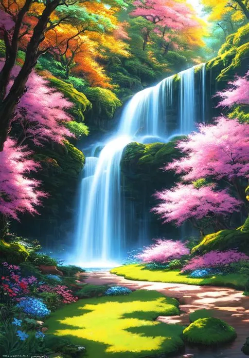 Prompt: UHD, , 8k,  oil painting, Anime,  Very detailed, zoomed out view of character, HD, High Quality, Anime, deep within a Pokemon flower forest, bright colors, large flowers, bright, background image, waterfall

Pokémon by Frank Frazetta