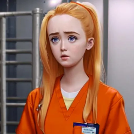 Prompt: Kathryn Newton in prison wearing orange scrubs prison uniform
