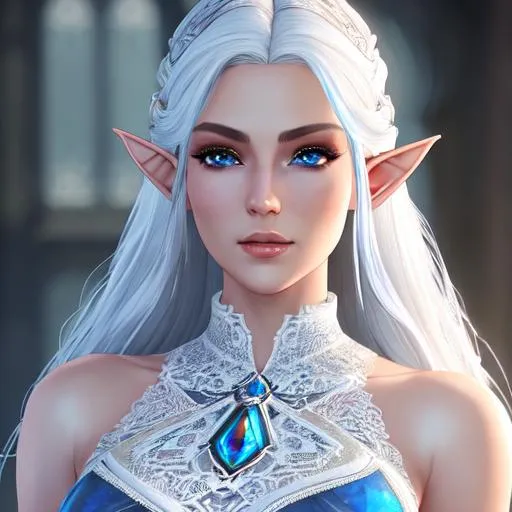 Prompt: Artgerm, 3d render, beautiful elf with platinum hair and blue eyes | intricate lace dress | dragon age, the witcher, d & d, atmospheric,,elder scrolls,, Intricate, Elegant, airbrush art, Scenic, Hyper-Realistic, CryEngine, Octane Render, 8k, symmetrical face, accurate anatomy, accurate eyes
