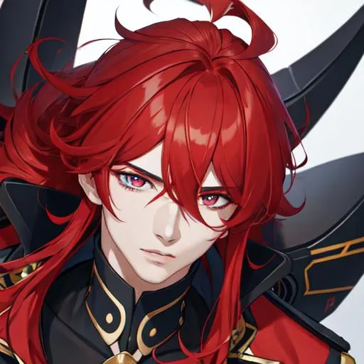 Prompt: Zerif 1male (Red side-swept hair covering his right eye)UHD, 8K, Highly detailed, insane detail, best quality, high quality, wearing a police uniform
