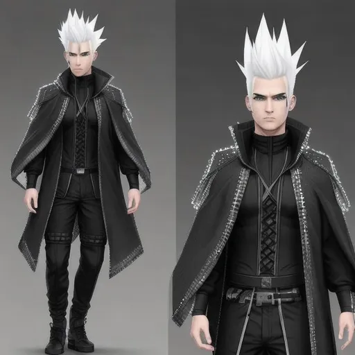 Prompt: JAXER KAZE : Hyper Detailed,  ultra realistic, white hair mohawk male in black tactical tech uniform poncho coat,  IN UNDERGROUND DAZZLING CRYSTAL CITY , 
