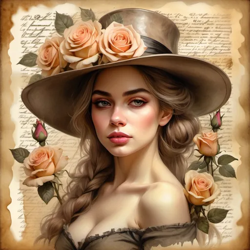 Prompt: gorgeous elegant attractive, woman in a hat with roses, beauty, beautiful fantasy portrait on the background of old yellowed letters,feminine image, 1800s, realistic, natural,rococo ecopunk, random arts, beautiful detailed oryx, high detail, medium plan, blooming lighting effect,
dry watercolor, color sketch art,