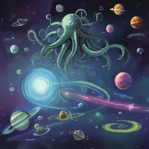 Prompt: Space Kraken with Planets 