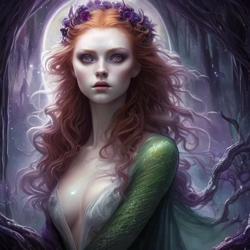 Prompt: Detailed and mystical portrait of a young beautiful witch with ivory clear skin, redhead hair and deep purple eyes. Gorgeous female body, rich green dress, night light, dramatic, plastic pose, frontal, magical, fantasy, 8k, high detailed, dramatic light