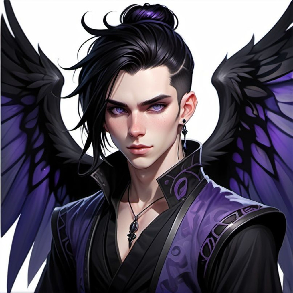 Fey male, long pointed ears, Pale skin, long black h...