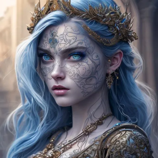 Prompt: girl, beautiful face, beatiful woman, royal, human, evil, blue hair, luscious hair, extremely detailed, uhd, hyperrealistic, realistic, real, intricate details, perfect composition, super detailed, sharp focus, picturesque