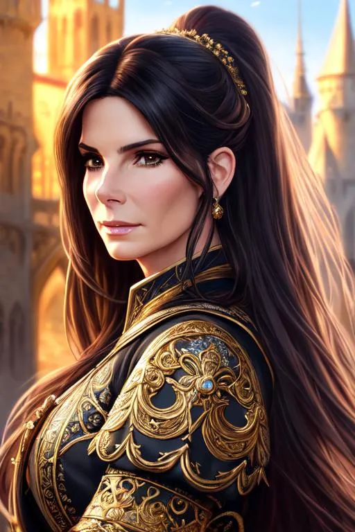 Prompt: {Sandra bullock}, high resolution face, detailed face, high definition eyes, detailed eyes, long flowing hair, wearing medieval town clothes, sensual pose, 8k, hypermaximalist, elegant, ornate, hyper realistic, anime, dramatic, digital painting, artstation, smooth, sharp focus, dark medieval castle, full body shot, high resolution, dungeons and dragons, frank frazetta style art