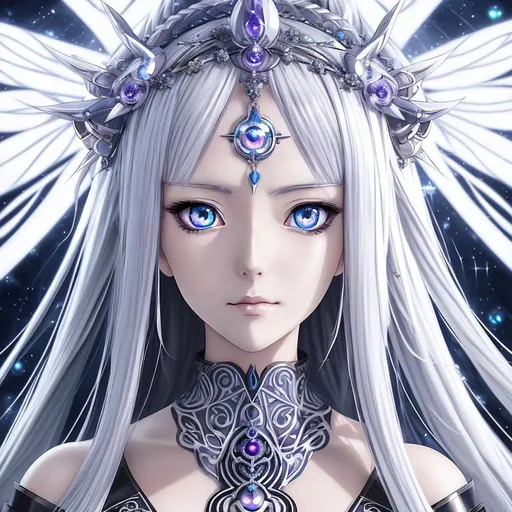 Prompt: anime portrait of a İce goddess   , anime eyes, beautiful intricate bright silver-white colored and glowing hair, shimmer in the air, symmetrical, in re:Zero style, concept art, digital painting, looking into camera, square image , 4K , 8K , 16K