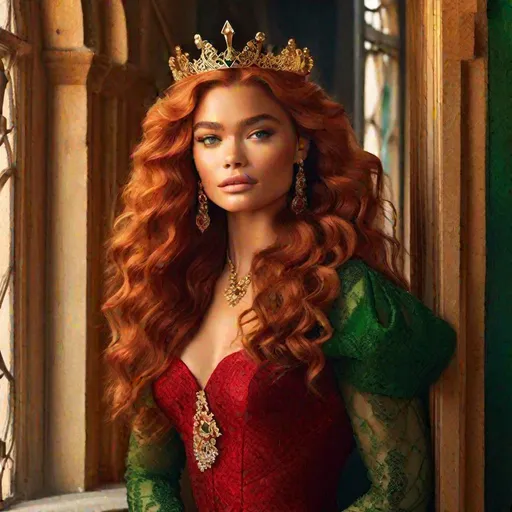 Prompt: Big window in the Palace and a (((Full Body)), Beautiful Queen, crown of red rubies, (mixture between zENDAYA and MARGOT ROBBIE WITH EMILIA CLARKE´S FACE, beautiful young woman, GREEN EYES, red curly, long, hair, ginger, kinked. layered, long layered) stairing out of the window