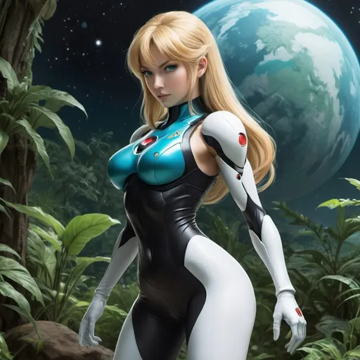 Prompt: A beautiful and fit zero suit Samus from Metroid, with long blonde hair, wearing a short black tank top and white yoga pants, prowling near a spaceport on a jungle planet, looking to the side, ultra detailed