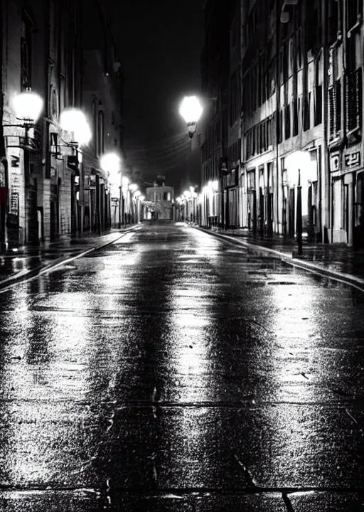 Prompt: empty street night raining wet asphalt old town yellow streetlight black and white 
