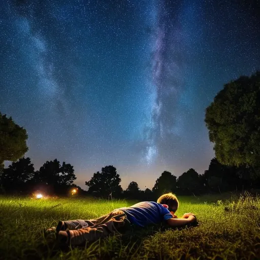 Prompt: a boy laying on a grass of a ground with some trees and fire flies around under the night sky filled with stars of milky way