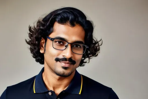 Prompt: portrait, indian male, age 30, short wavy dark brown hair, fair skin, narrow face, light stubble, mustache and goatee, aviator framed glasses, deep and narrow eyes, defined nose, wearing navy blue polo neck t-shirt, high key lighting, cinematic, high resolution, hyperrealistic