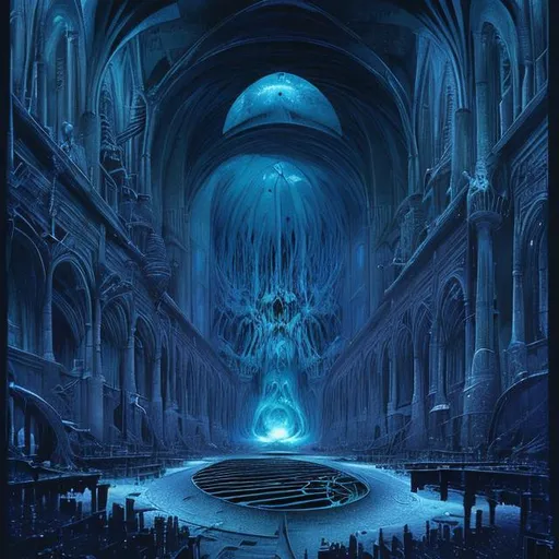 Prompt: Room interior painting, cathedral without windows, in the center of the room a huge swirling black dimensional portal, dull colors, danger, fantasy art, by Hiro Isono, by Luigi Spano, by John Stephens