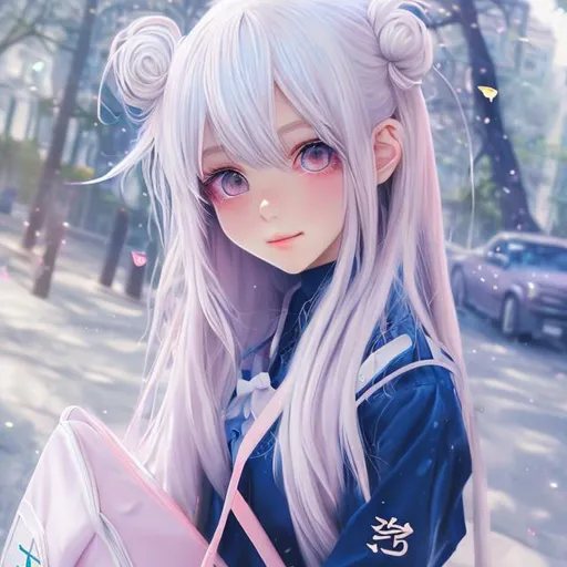 Prompt: pretty anime girl jennie realistic  white hair hd blue pink eyes art vietneam super real super creative dreamy look with uniform and school bag lovely look