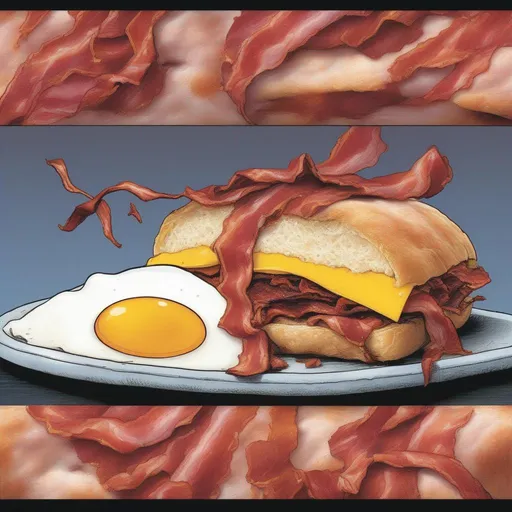 Prompt: Bacon,Egg and Cheese roll covered in chili 
 illustrated in color  by Grant Morrison 