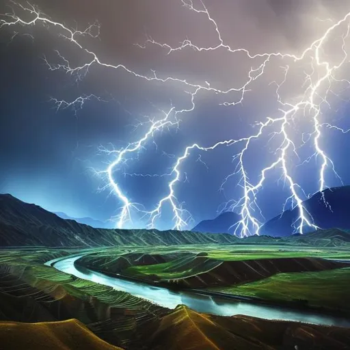 Prompt: modern art of a valley with a river and lightning coming down from the sky