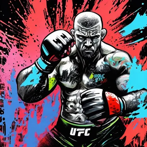 Prompt: ufc character with spray paint gun and brush colour the world with impact
