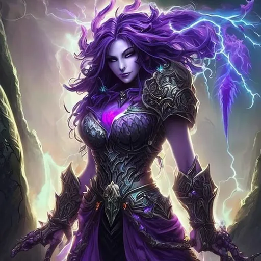 Prompt: Beautiful, busty, stunning, fantasy female necromancer with long wild purple hair casting a powerfull magic spell an the top of a mountain in the deep forest, with a lightningstrike in the background 