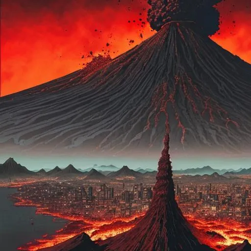 Prompt: Red, towering volcano, rises over blackened, abandoned Asian cityscape. Shunya Yamashita style, moody colors, intricate details, 8k res. by Katsuya Terada,, Butcher Billy & Yoshitaka Amano