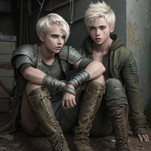 Prompt: portrait of a The 100 tv show themed Trikru transgender teenaged male warrior with short jaggedly cut platinum blonde hair and green eyes wearing tattered makeshift clothes and boots