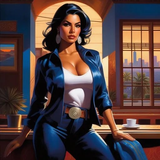 Prompt: GTA cover art, latina woman, cartoony, dark blue atmosphere, extremely detailed painting by Greg Rutkowski and by Henry Justice Ford and by Steve Henderson