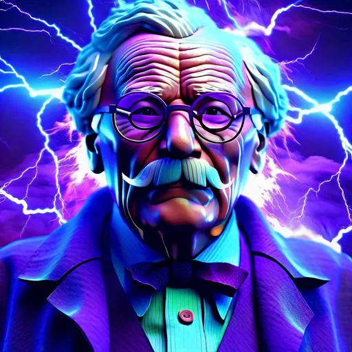Prompt:  lightning strikes, abstract, high quality, UHD, Luminous Studio graphics engine, violet, cyan, octane render, cloudy haze, fiery members, old man Carl Gustav Jung with glasses and mustache portrait
